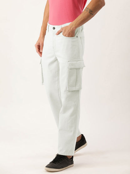 Men White Relaxed Fit Solid Cargo Jeans