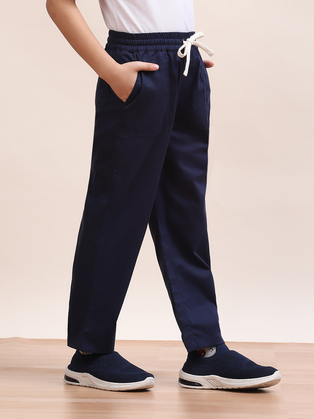 Spunkies Twill Cotton Woven Solid Regular Casual Wear Pant Boys Navy Blue Soft Fabric