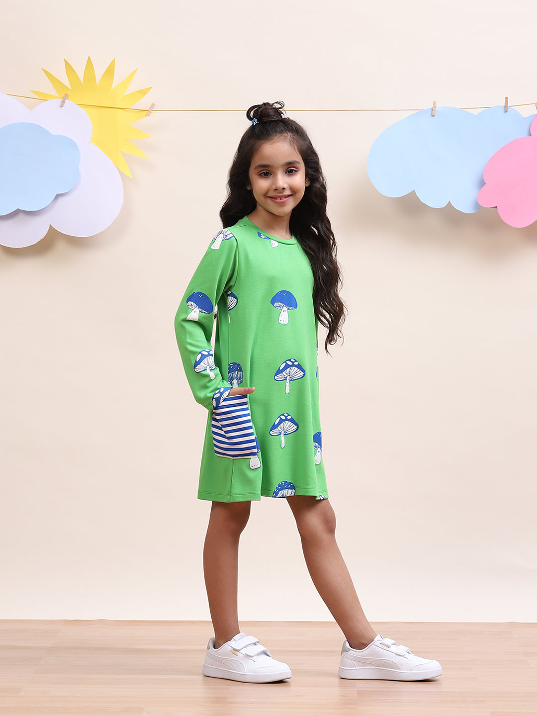 Girls Green Mushroom Print Casual Dress