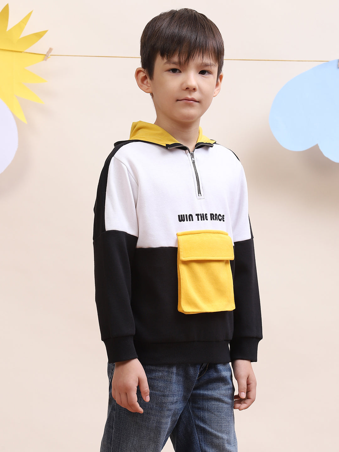 Boys' Color-Block Hoodie with Yellow Pocket