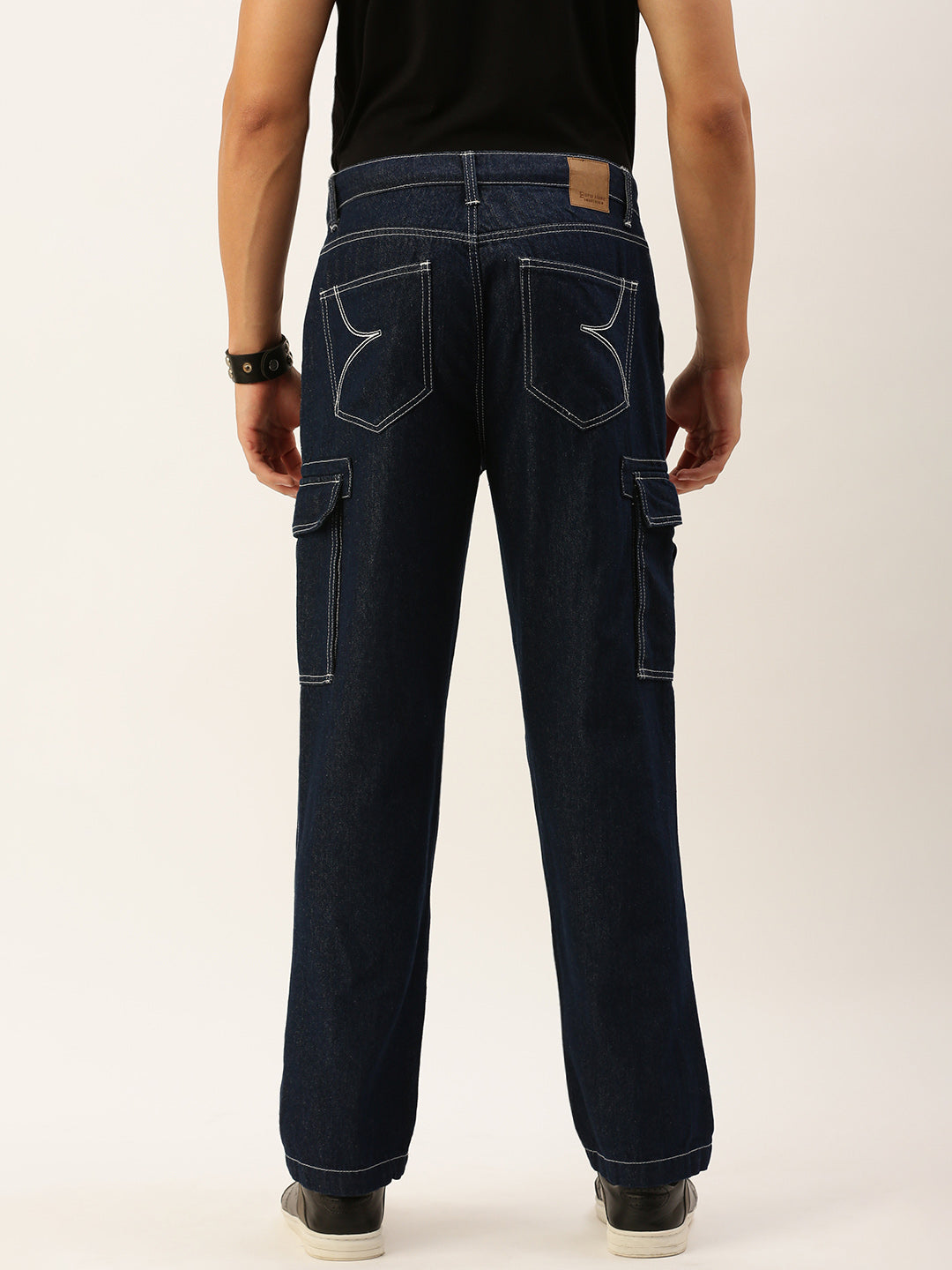 Men Navy Blue Relaxed Fit Solid Cargo Jeans