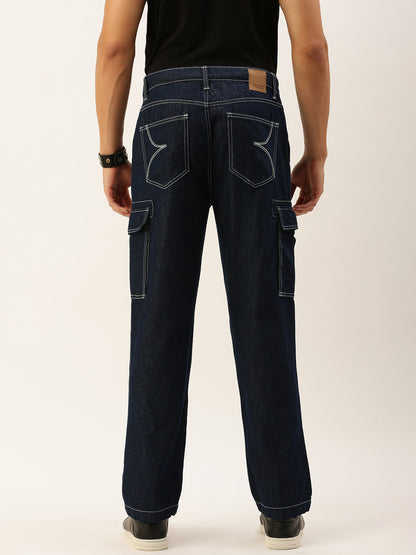 Men Navy Blue Relaxed Fit Solid Cargo Jeans