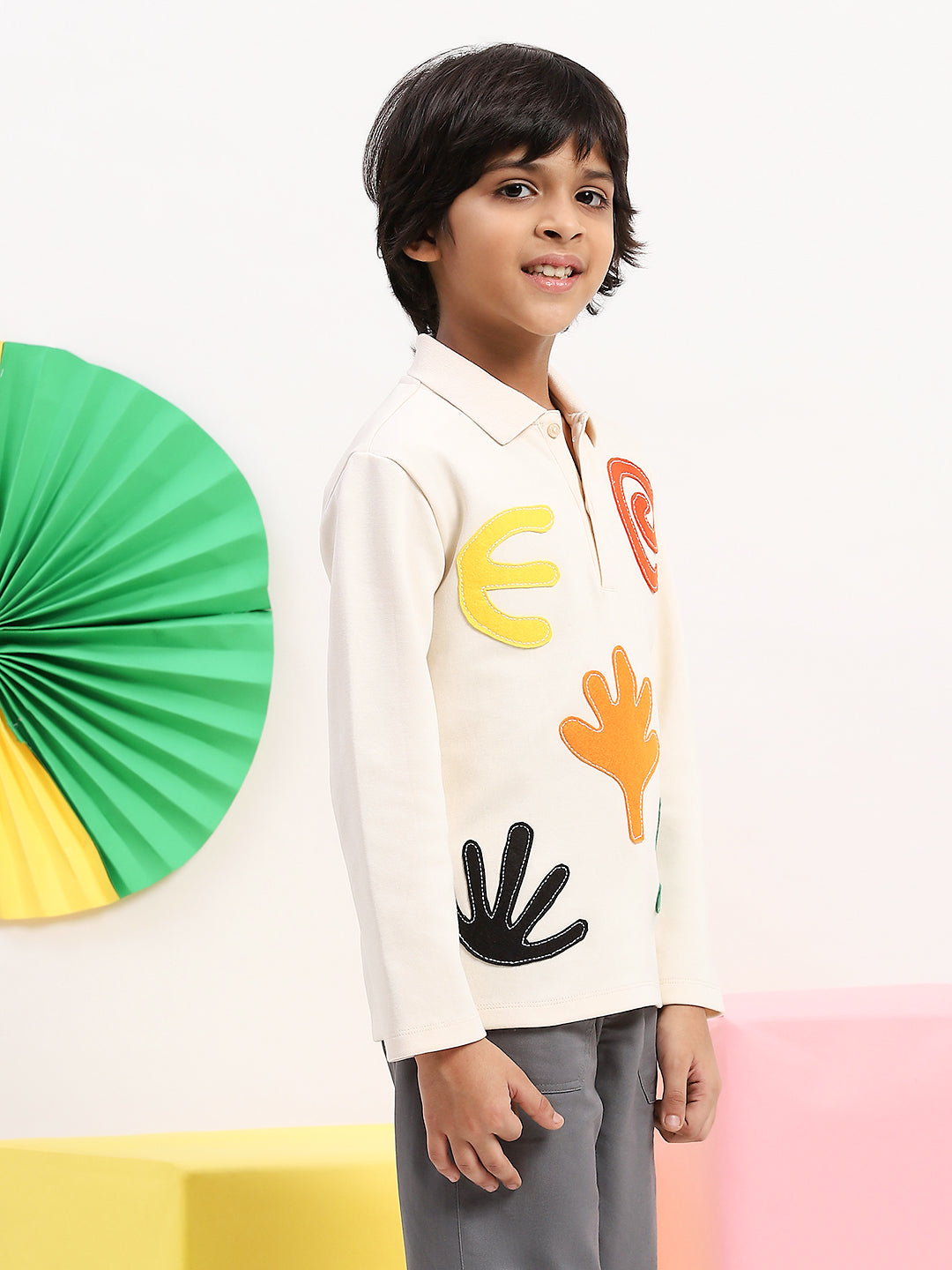 Boys' Long-Sleeve Graphic Polo Shirt with Colorful Appliqué Details - Fun & Stylish