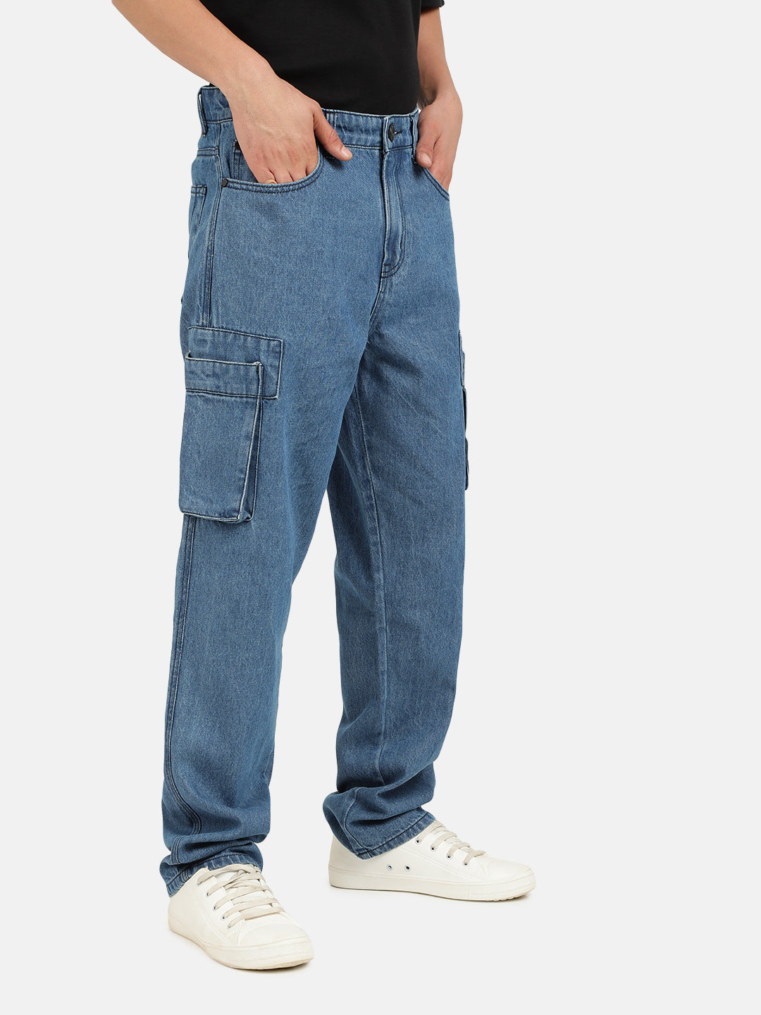 Men Blue Straight Fit Solid Denim Cargo Jeans