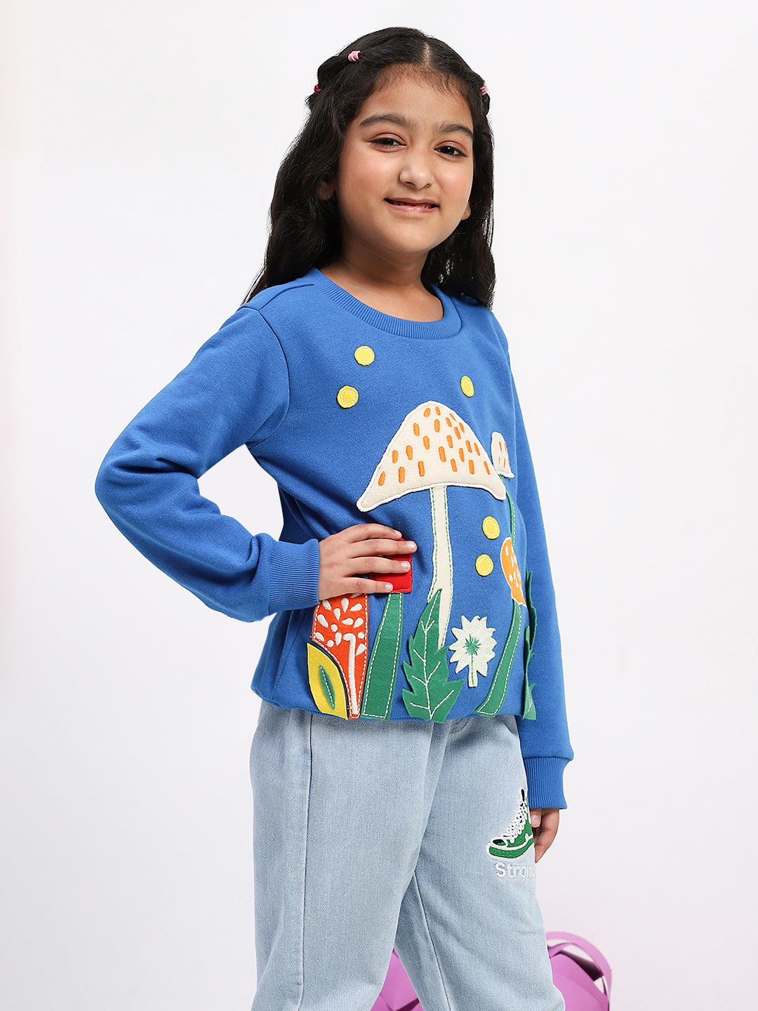 Spunkies Cotton Fleece Knit Padded Mushroom Embroidered Blue Sleeves Girls Sweatshirt