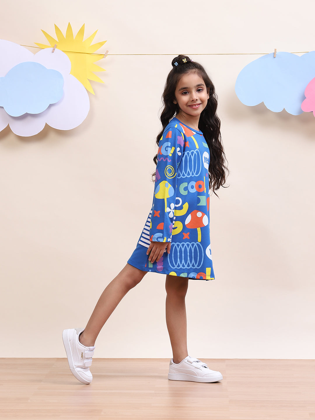 Girls Blue Graphic Print Casual Dress