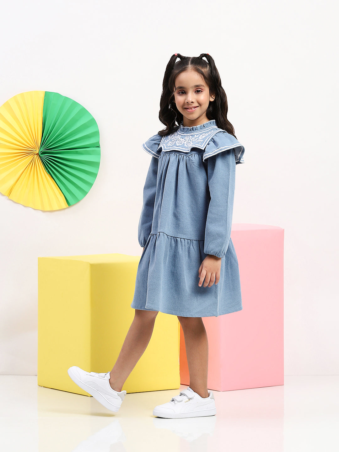 Chic Blue Denim Dress for Girls with Embroidered Yoke