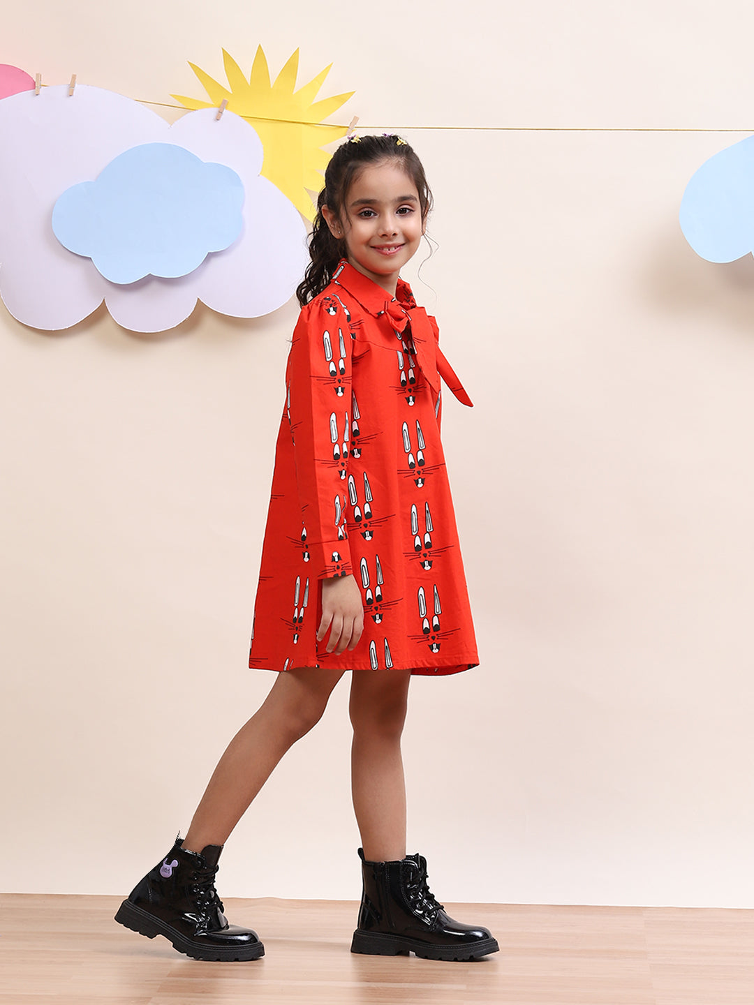 Girls' Red Bow-Tie Dress with Fun Bunny Print - Stylish & Playful