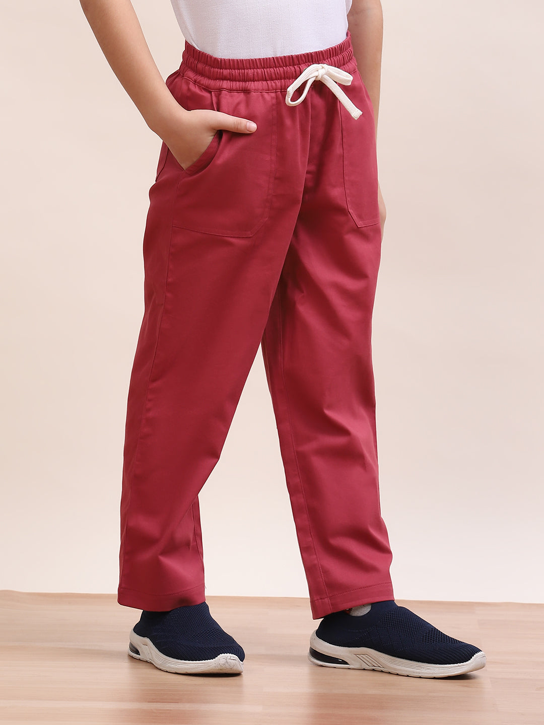 Spunkies Twill Cotton Woven Solid Regular Casual Wear Pant  Boys Wine Soft Fabric