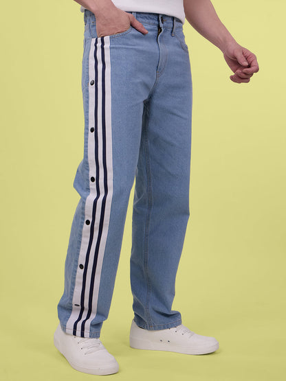 Men Blue The Side Stripe Straight Solid Jeans