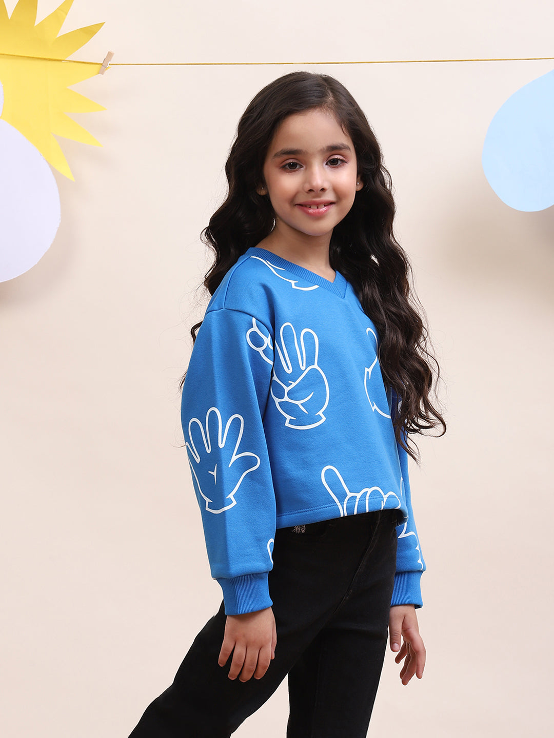 Girls Blue Thumbs-Up and Hand-Print Sweatshirt