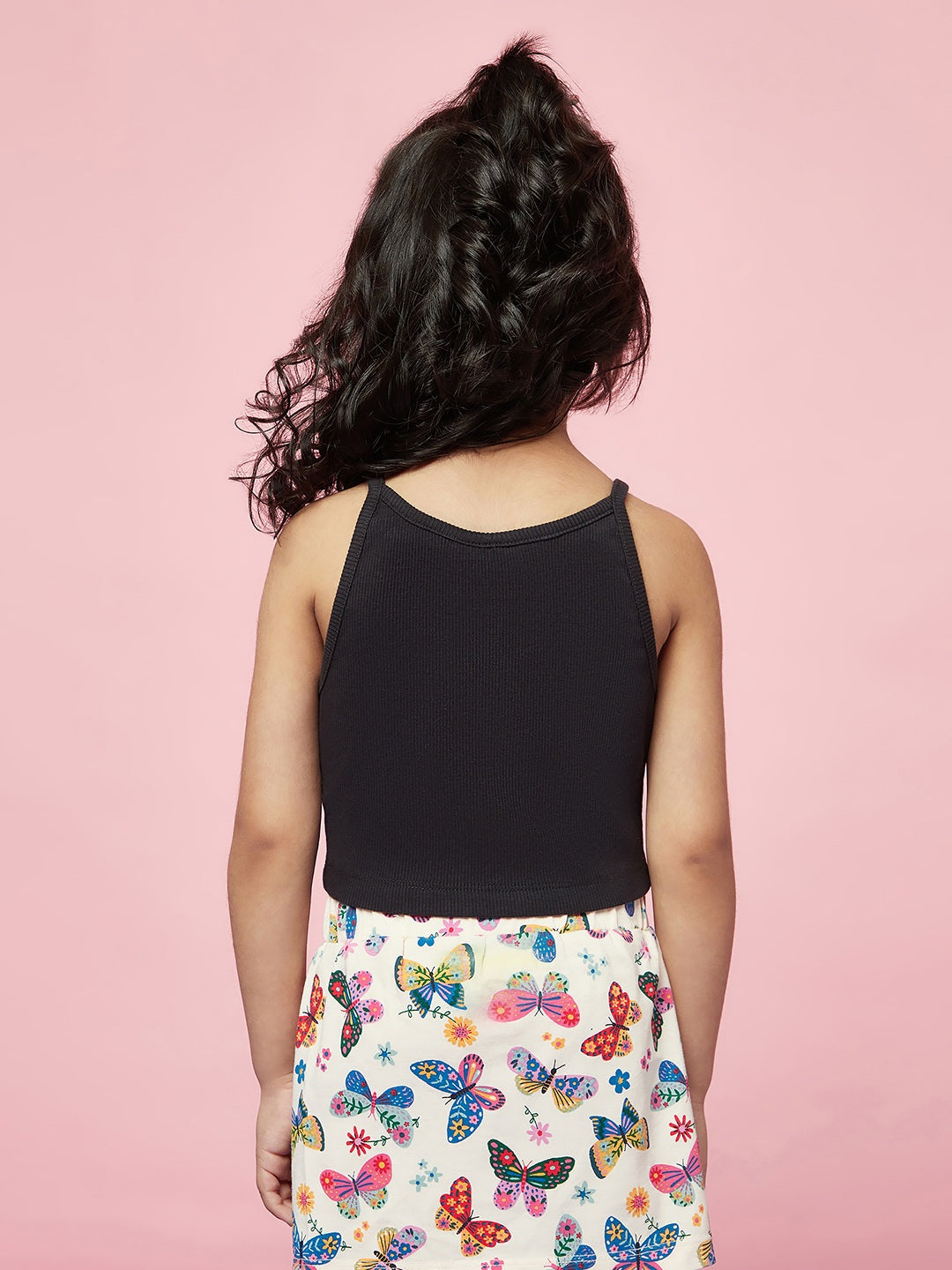 Kid Girls' Black Sleeveless Top and Butterfly Print White Skirt