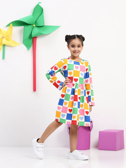 Girls' Colorful Heart Print Patchwork Dress - Fun & Playful Everyday Wear