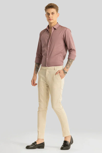 Yann Beige Plain Slim Fit Trousers