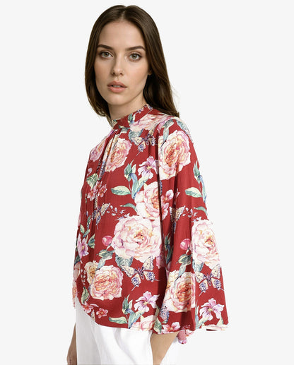 Rareism Women Naplesco Maroon Bell Sleeves High Neck Button Closure Floral Print Top