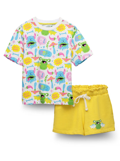 Fashionable Yellow White Girls Happy Monster Set