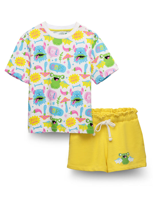 Fashionable Yellow White Girls Happy Monster Set