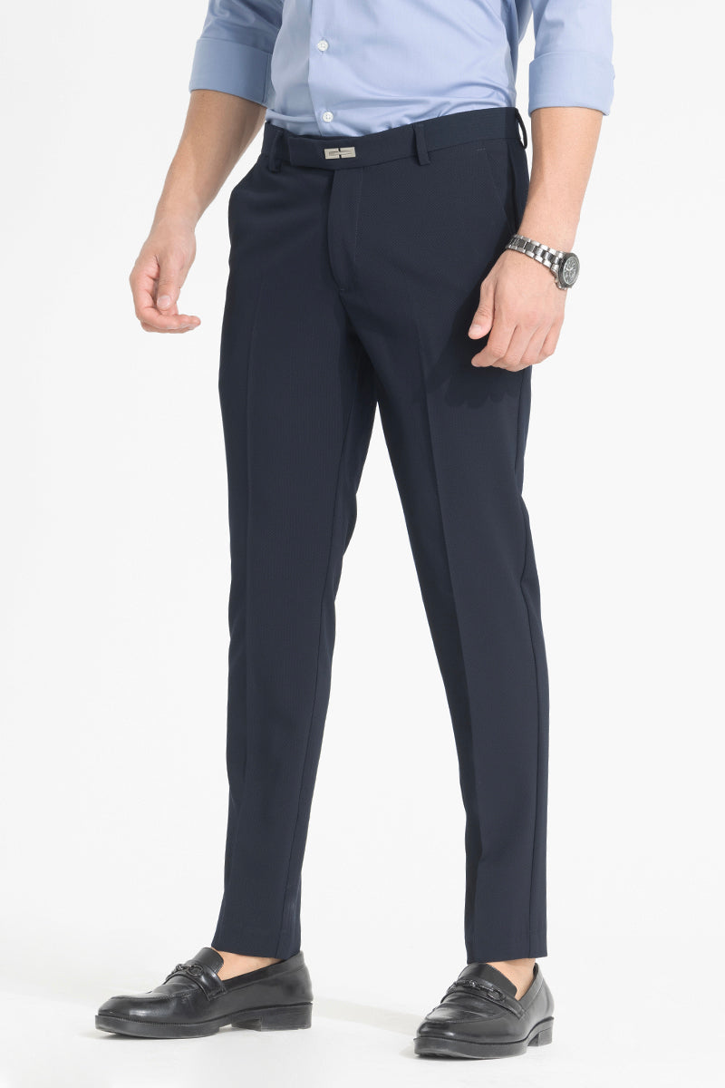 Dark Blue Self-Design Formal Trousers