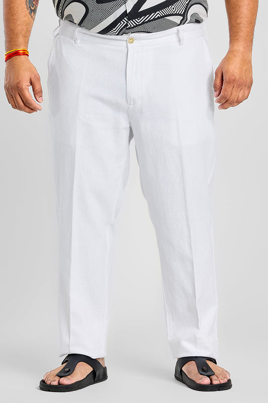 Dainty Frosty White Plain Pure Linen Regular Fit Trousers