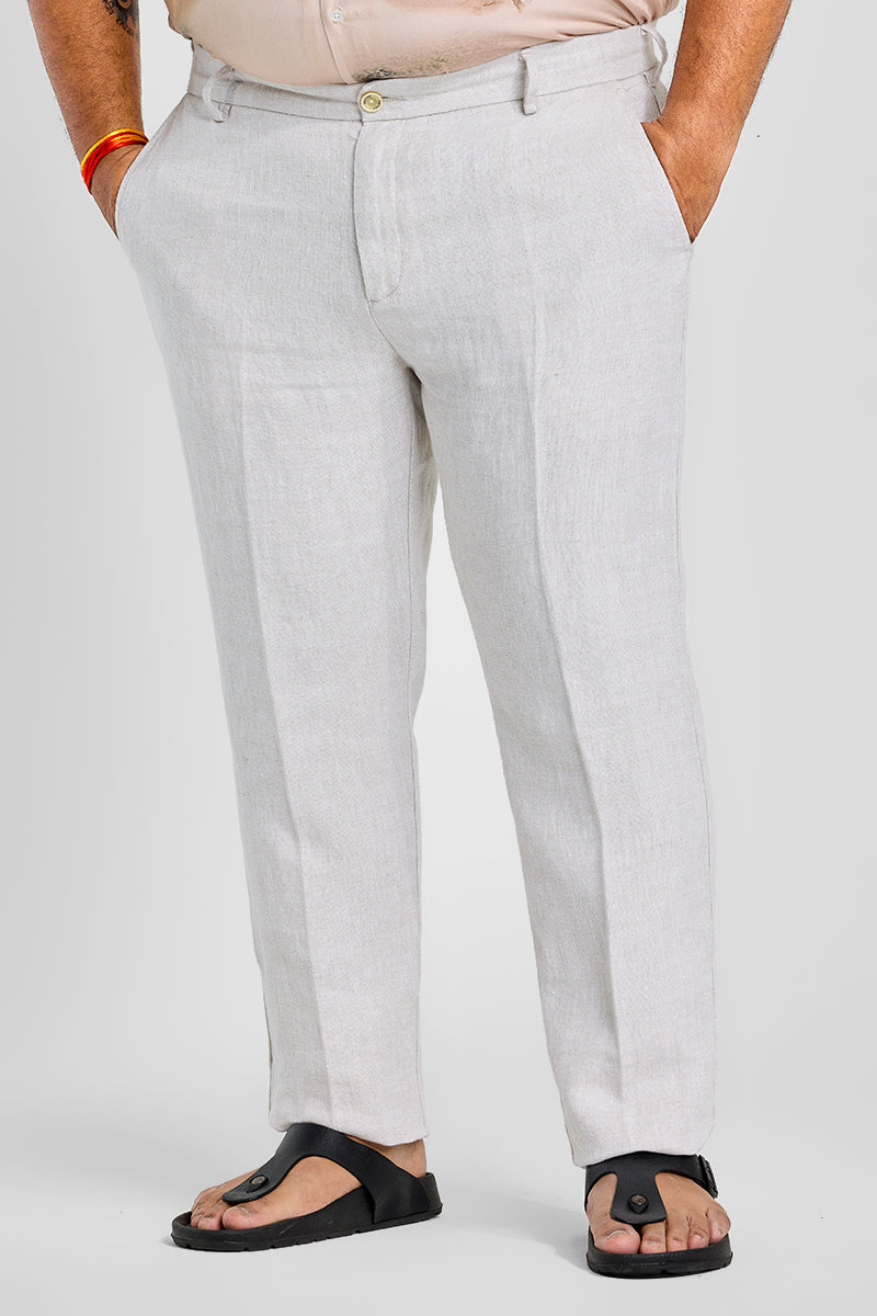 Dainty Off White Plain Pure Linen Regular Fit Trousers