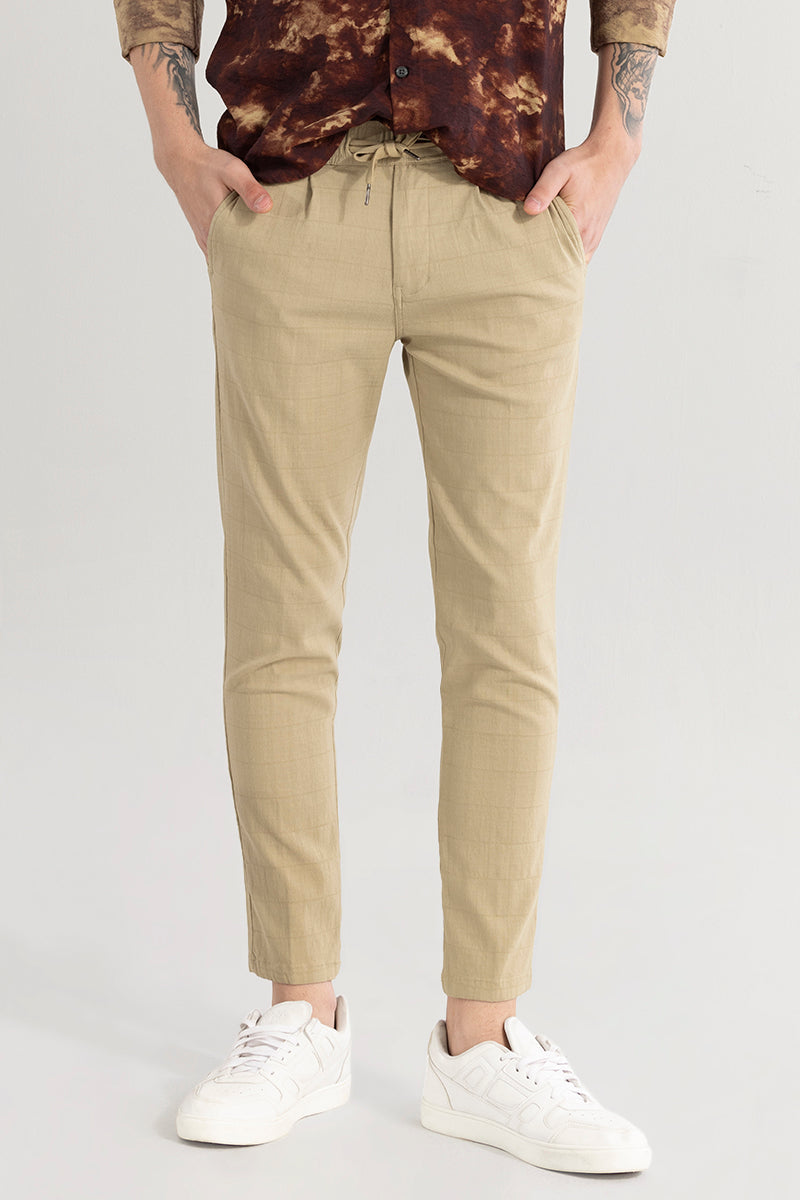 Veluxe Beige Checked Linen Blend Pant