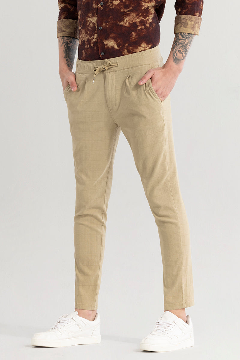 Veluxe Beige Checked Linen Blend Pant