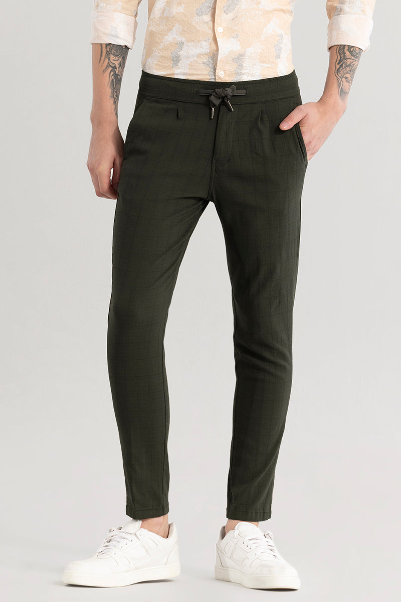 Veluxe Olive Checked Linen Blend Pant