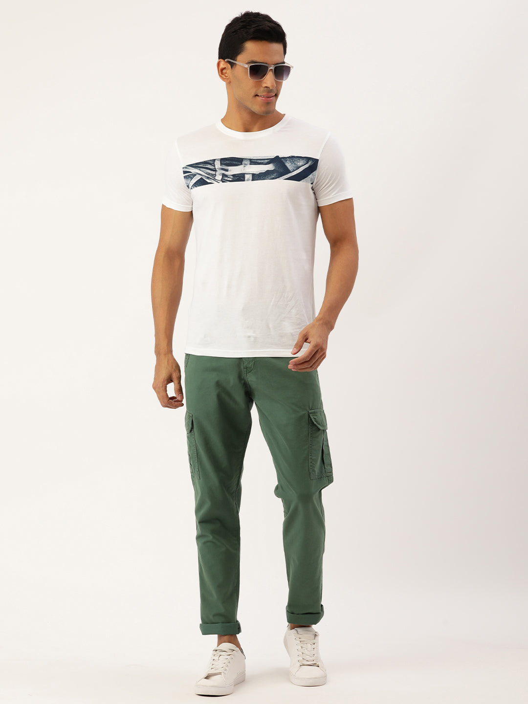 Men Basil Green Slim Fit Solid Cargo Trouser