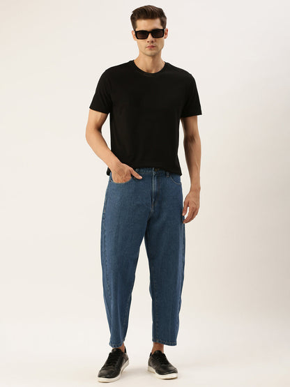 Men Blue Cropped Loose Fit Solid Jeans