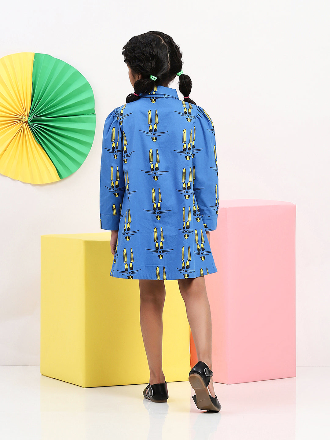 Girls' Blue Cartoon Print Dress with Bow Collar - Fun & Stylish Outfit