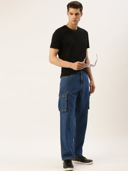 Men Navy Relaxed Fit Solid Cargo Jeans