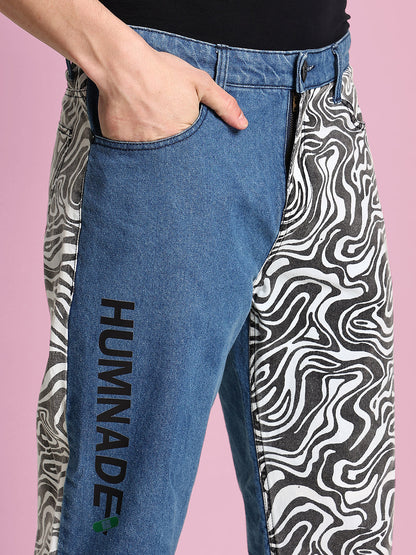 Men's Trendy Blue Jeans with Swirls Print Cut & Sew