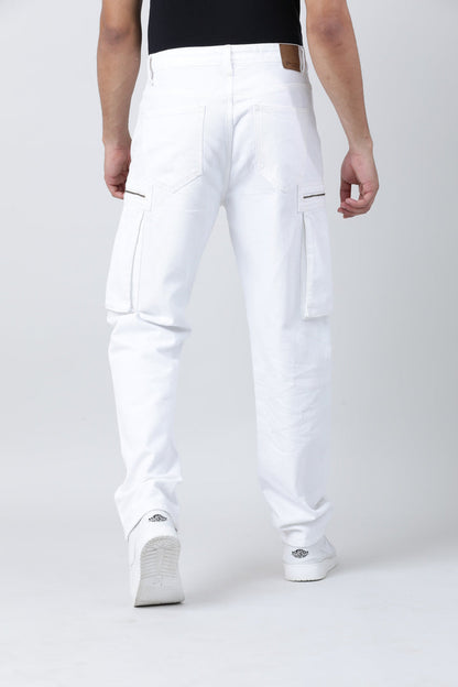 Men White Straight Fit Solid Cargo Jeans with Zipper Pockets