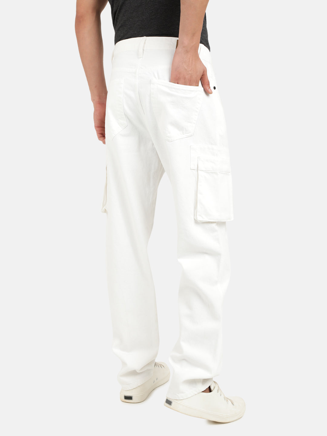 Men White Straight Fit Solid Denim Cargo Jeans