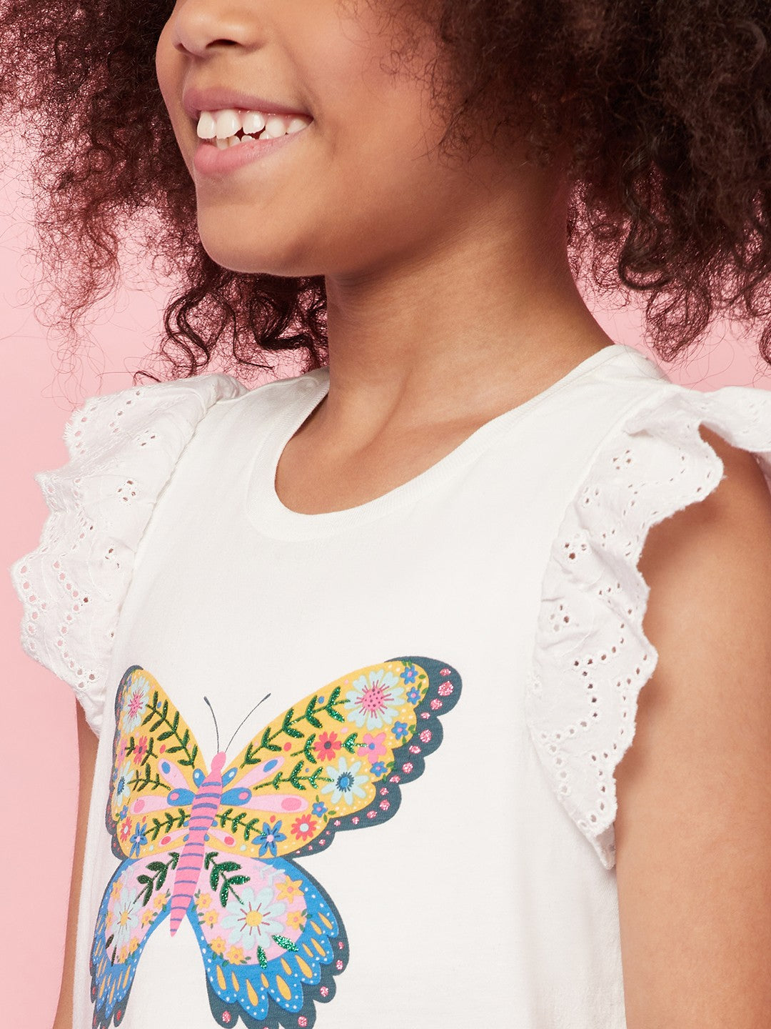 Kid Girls' White Butterfly Print T-Shirt and Pink Skirt