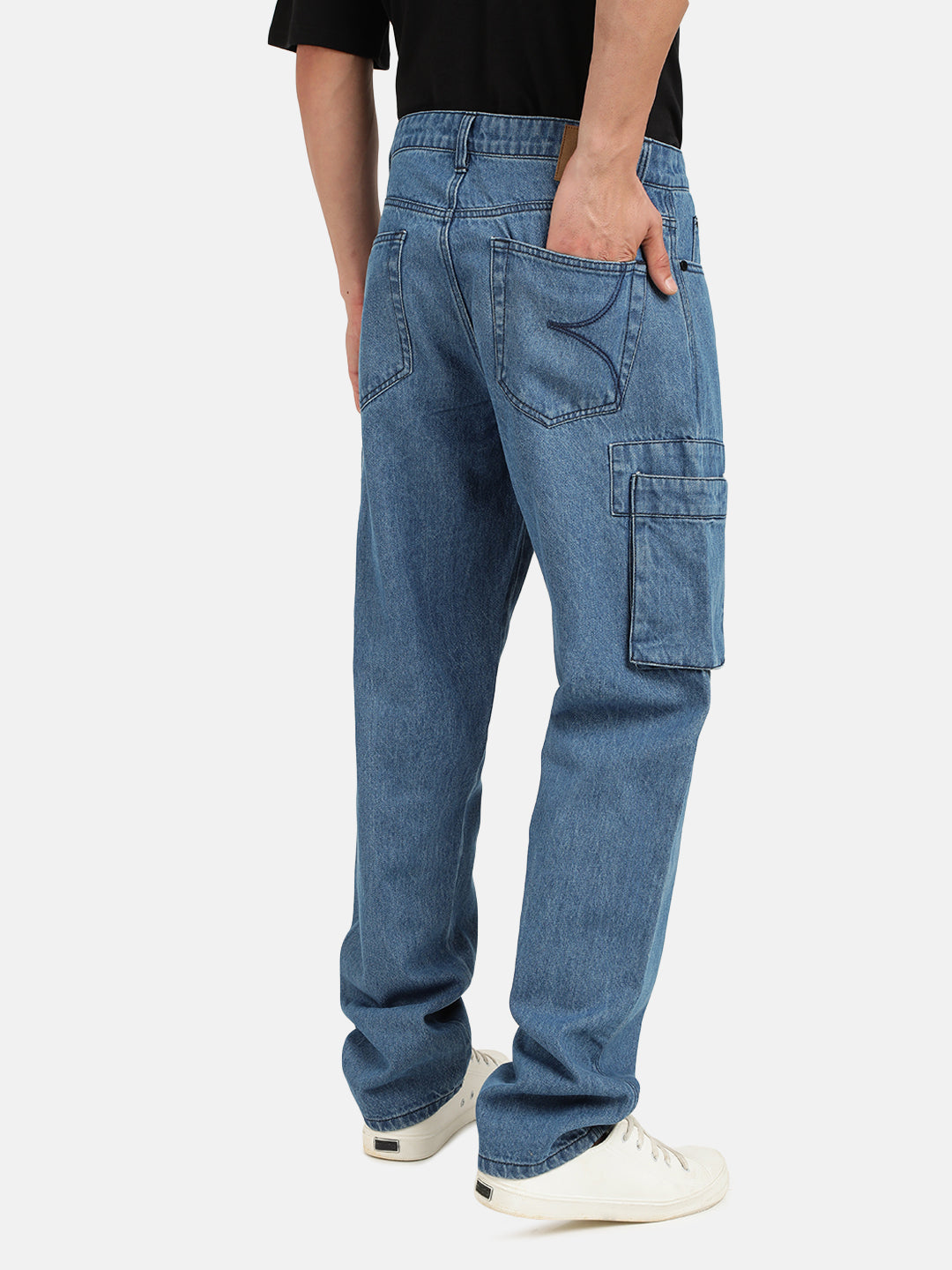 Men Blue Straight Fit Solid Denim Cargo Jeans