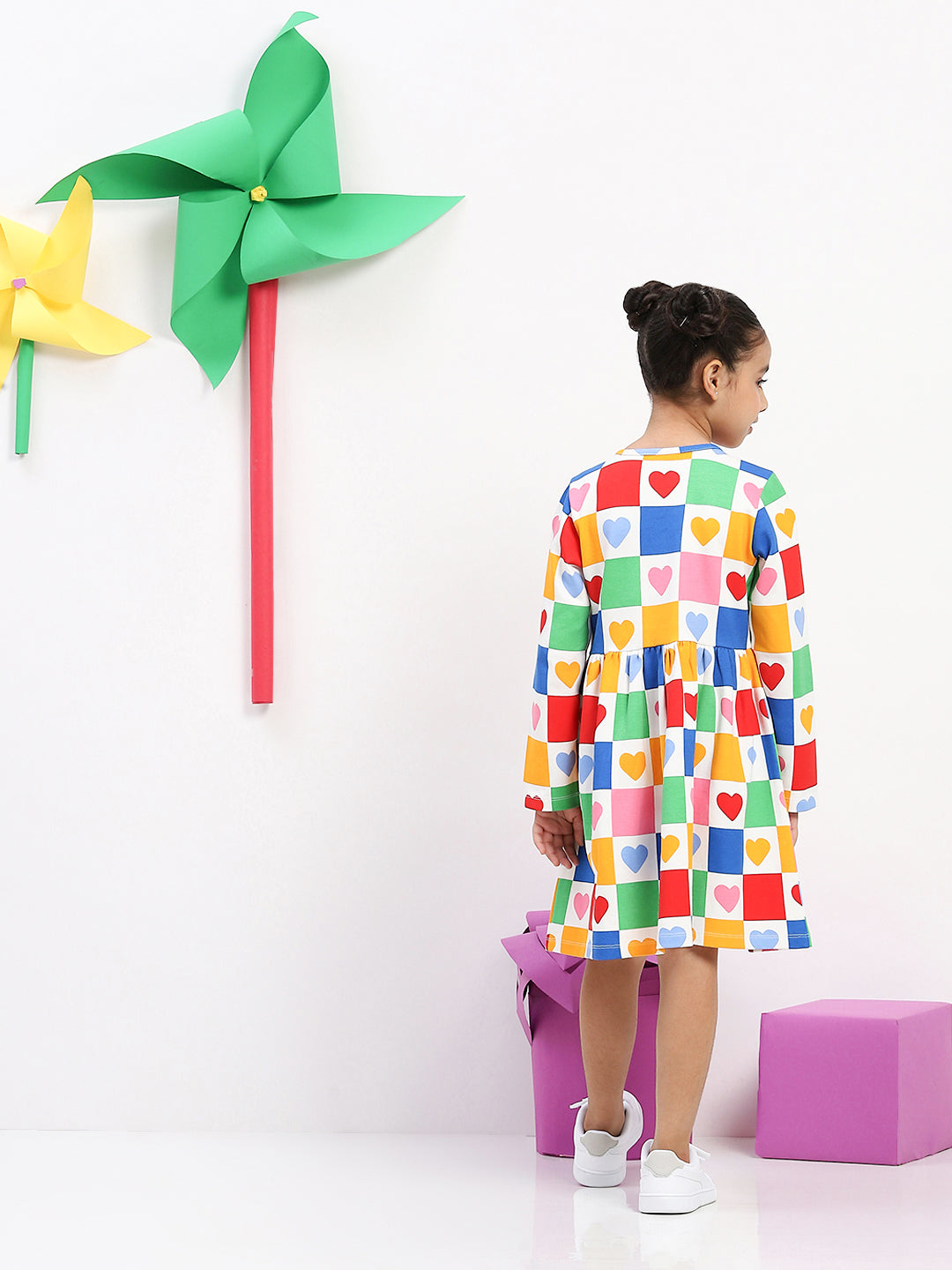 Girls' Colorful Heart Print Patchwork Dress - Fun & Playful Everyday Wear