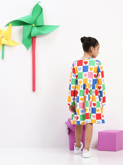 Girls' Colorful Heart Print Patchwork Dress - Fun & Playful Everyday Wear