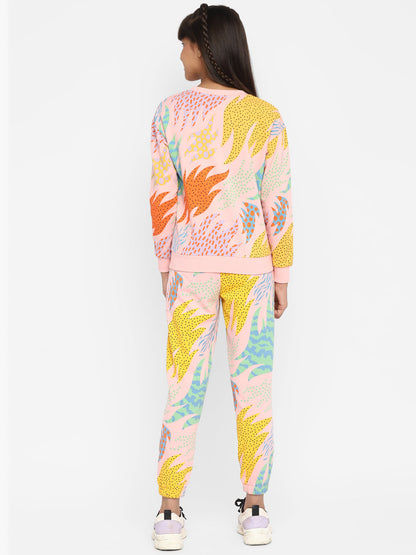 All Over Printed Sweatshirt & Jogger Set Pink