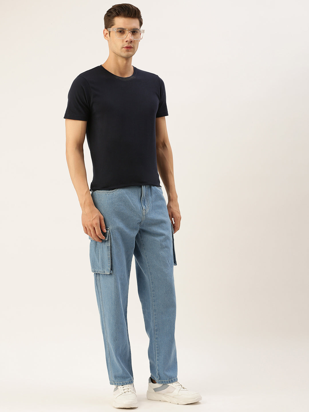 Men Light Blue Relaxed Fit Solid Cargo Jeans