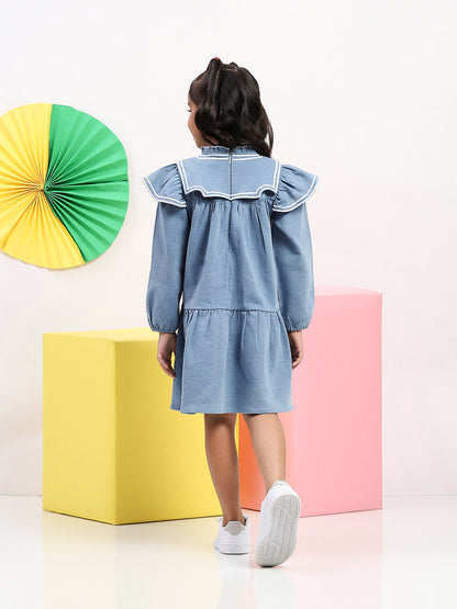 Chic Blue Denim Dress for Girls with Embroidered Yoke