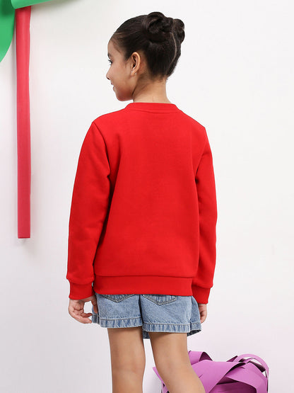 Spunkies Cotton Fleece Knit Padded Mushroom Embroidered Red Full Sleeves Girls Sweatshirt