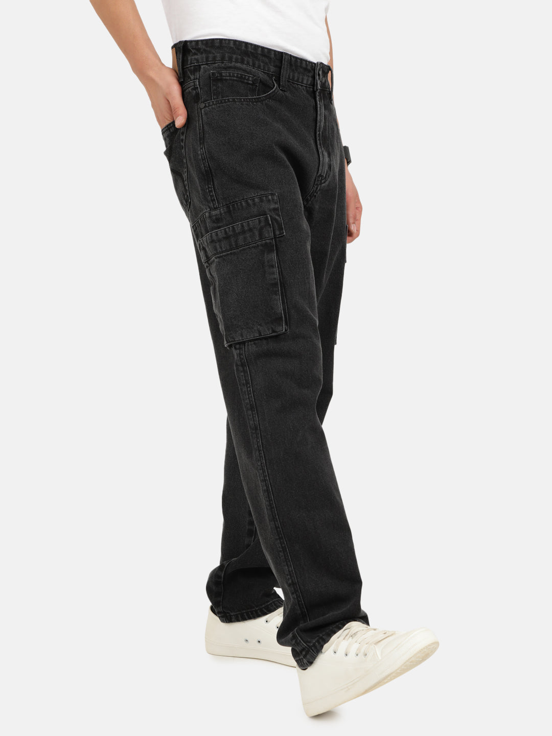 Men Charcoal Grey Straight Fit Solid Denim Cargo Jeans