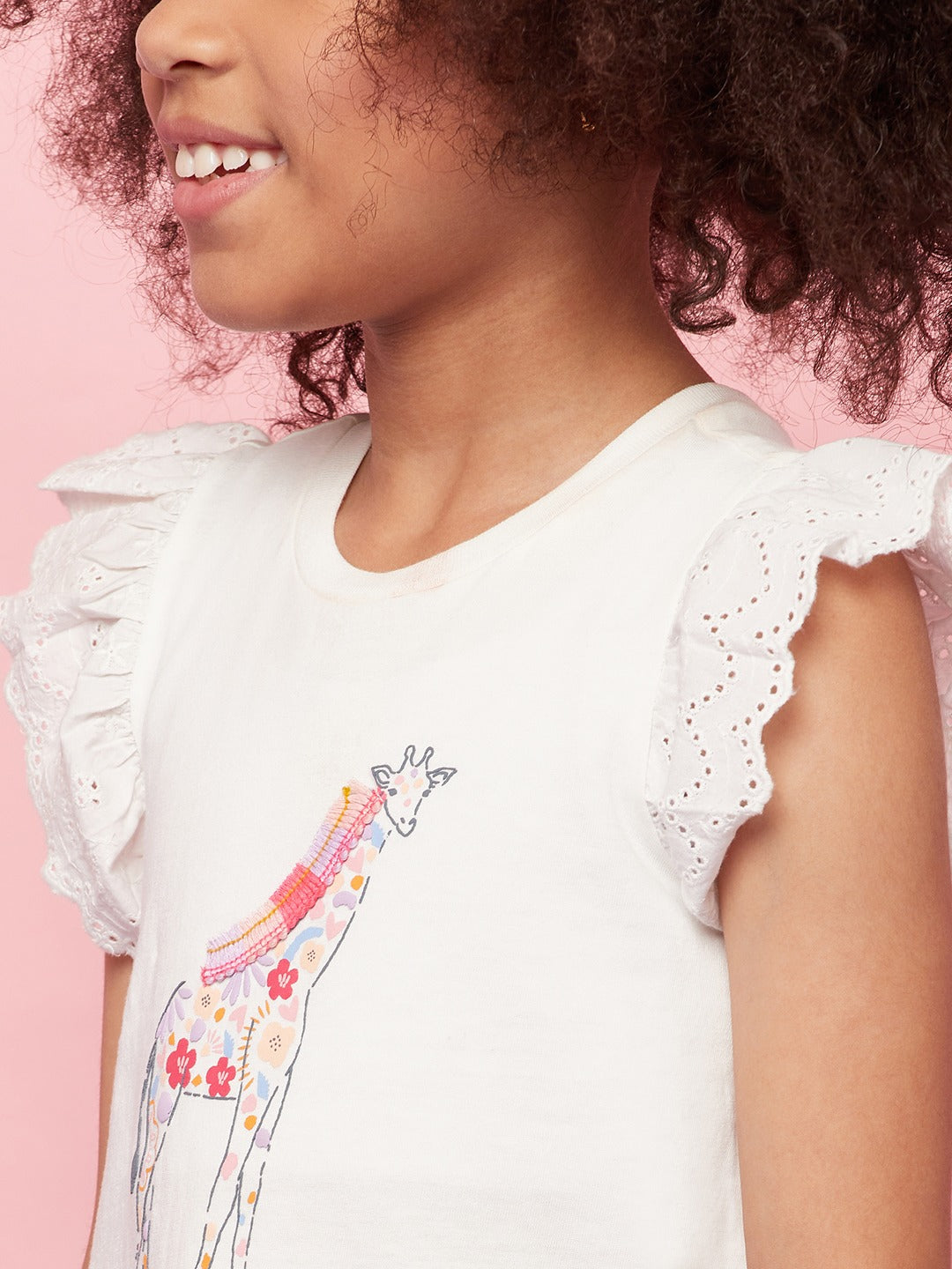 Kid Girls' White T-Shirt with Ruffle Sleeves and Pink Pants