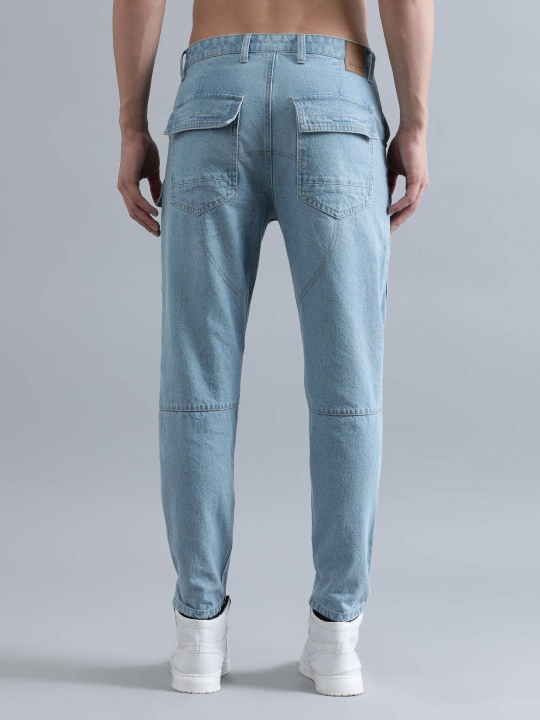 Men Light Blue Comfy Taperd Fit Solid Cargo Jeans