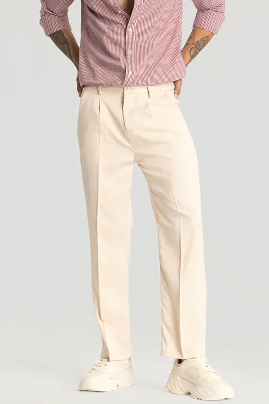 Cream Plain Relaxed Fit Trousers