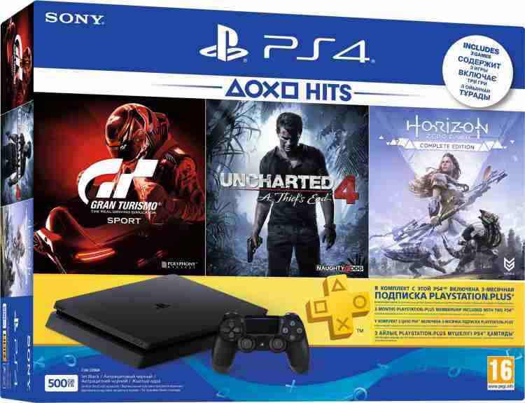 SONY Sony PlayStation 4 (PS4) Slim 500 GB with Uncharted 4, Horizon Zero Dawn (Complete Edition) and Gran Turismo Sport (Jet Black)