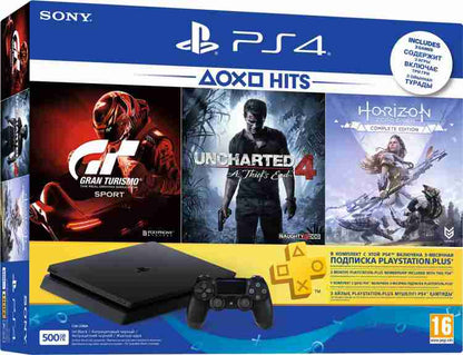 SONY Sony PlayStation 4 (PS4) Slim 500 GB with Uncharted 4, Horizon Zero Dawn (Complete Edition) and Gran Turismo Sport (Jet Black)