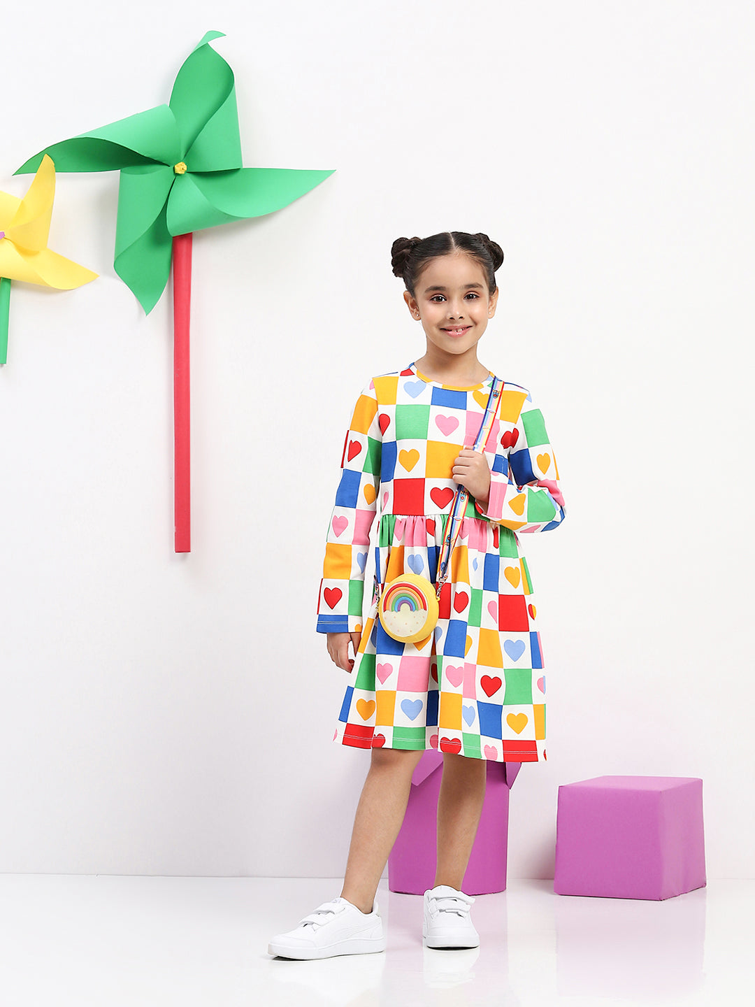 Girls' Colorful Heart Print Patchwork Dress - Fun & Playful Everyday Wear