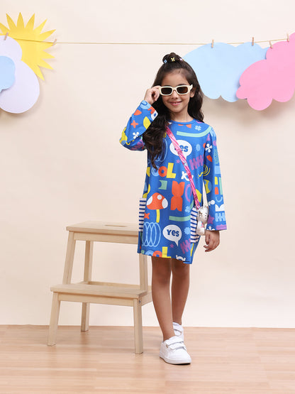 Girls Blue Graphic Print Casual Dress